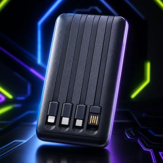 MegaCharge 20000 power bank, futuristic neon tech style