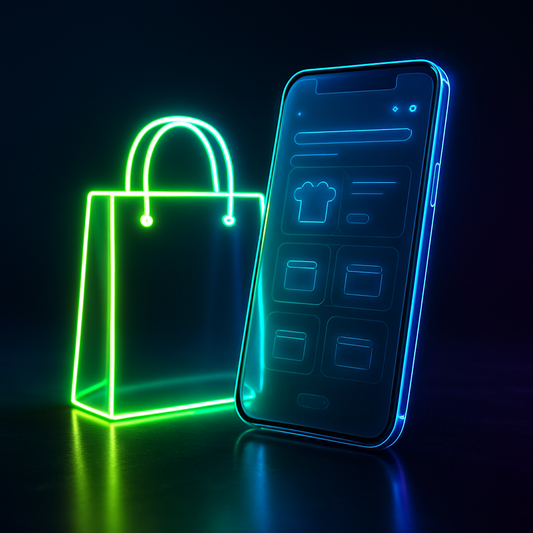 Shopify Store Setup service — neon glowing shopping bag and phone